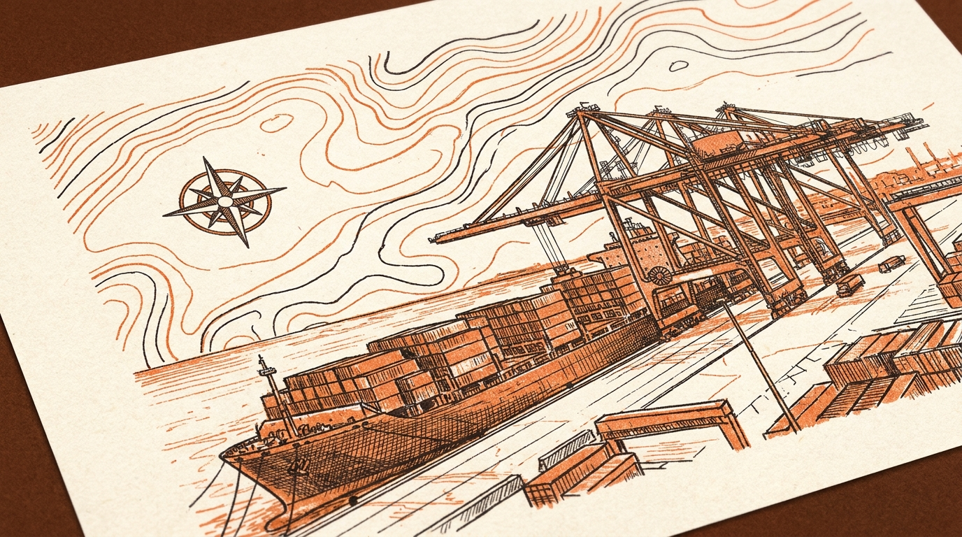 Risograph chart of a container terminal at dawn — gantry cranes, a moored vessel, depth contours and a compass rose, printed in burnt orange and ink.